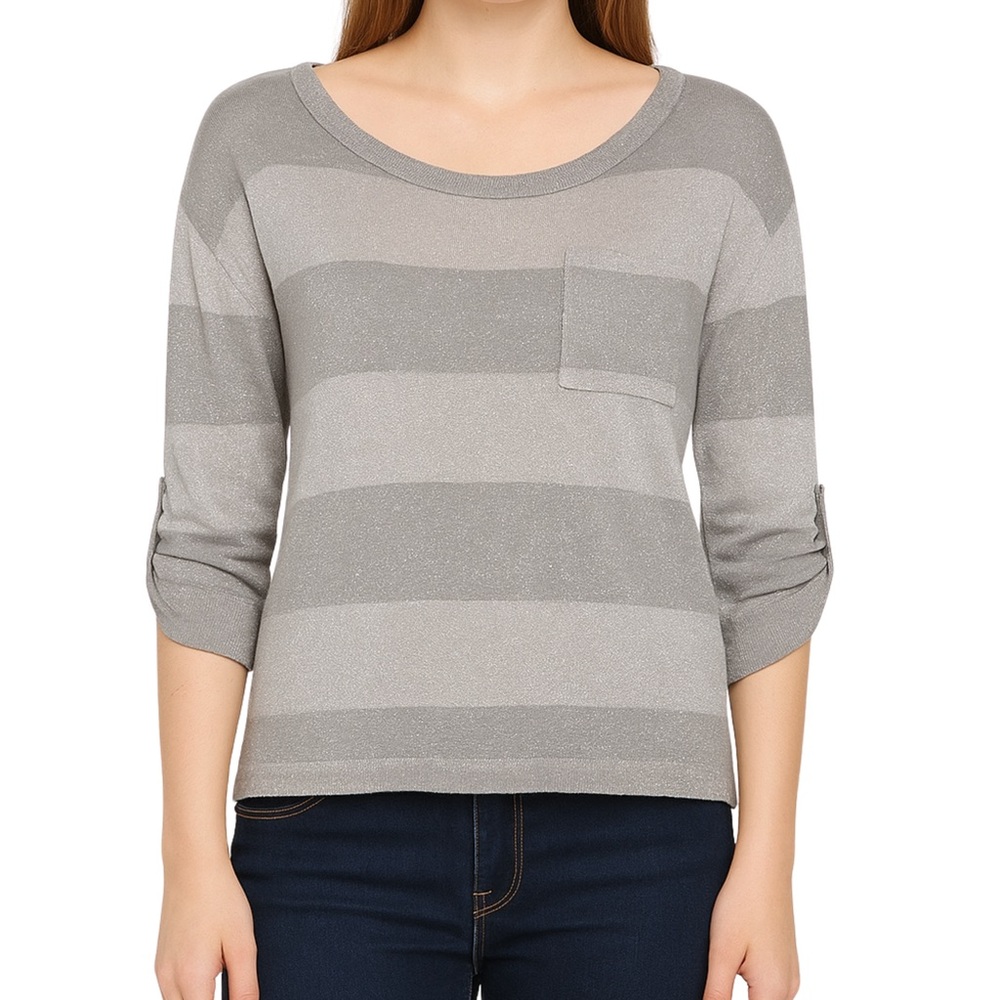 Charlotte Russe Gray Stripes 3/4 Sleeve Lightweight Metallic Y2K Sweater Medium